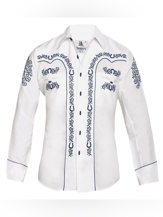 Ranger Other - Ranger's Charro White Shirt with Dark Blue Floral Embroidery Button Down sz L